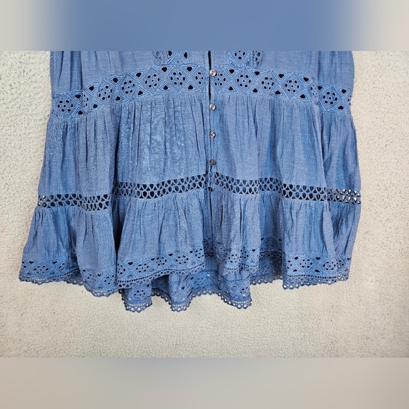 Free People Womens Tunic Sz S Blue Eyelet Trim Button Front Boho Beachy Vacation - Picture 5 of 13